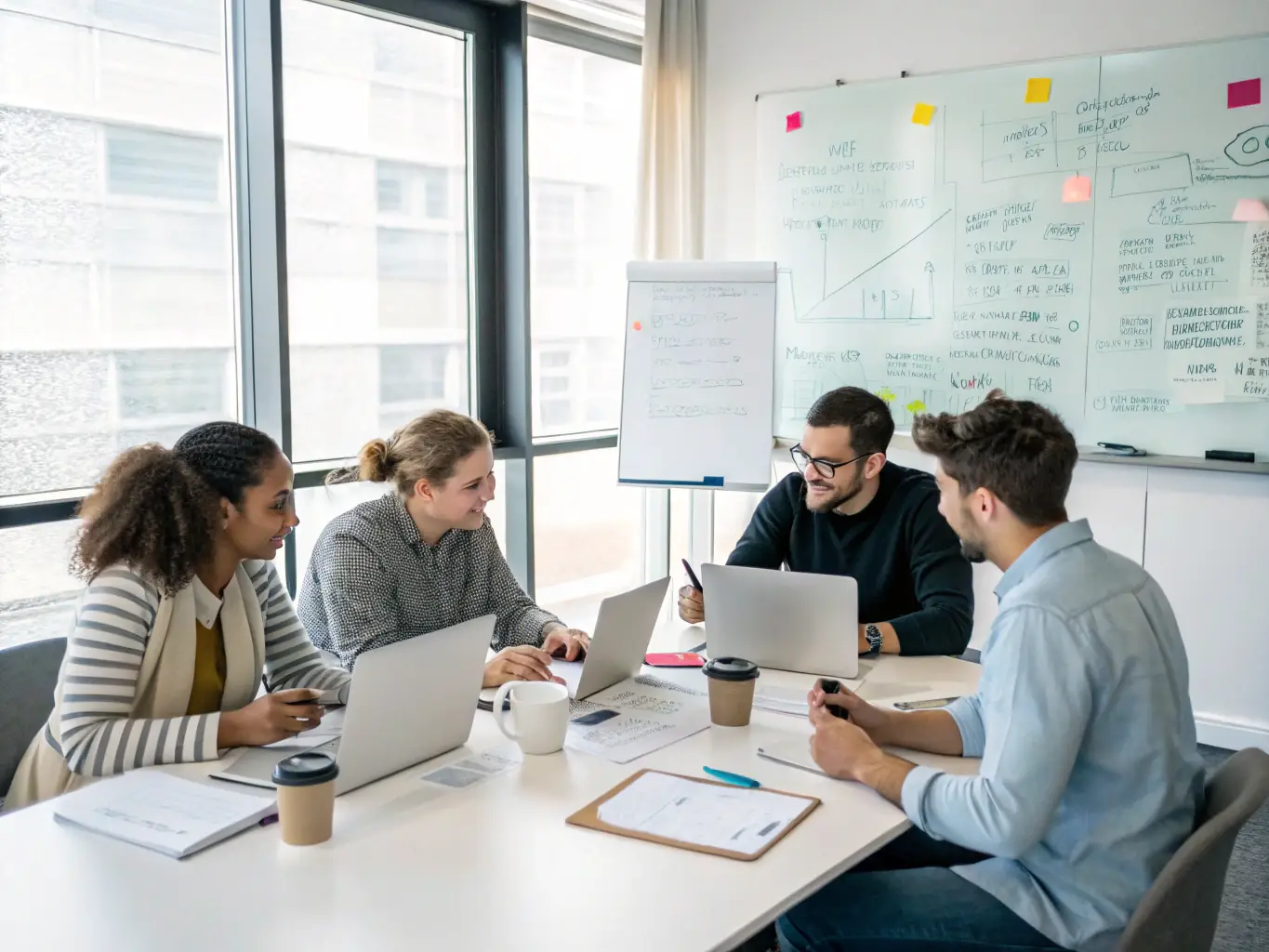 A team of business professionals collaborating in a bright, modern office, brainstorming ideas and strategies for business development.